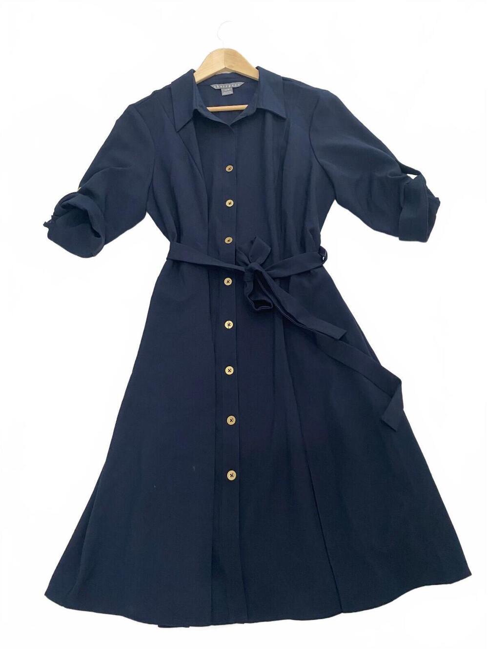 Sharagano Navy Blue Shirt Dress with Belt and Button Detail NWOT